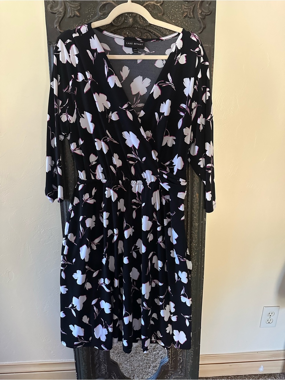 Lane Bryant Black Floral Faux Wrap Long Sleeve Dress